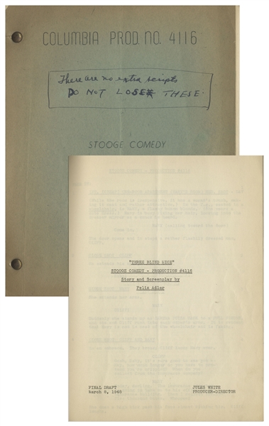 Moe Howard's 27pp. Script Dated March 1948 for The Three Stooges Film ''Hokus Pokus'', Working Title ''Three Blind Mice'' -- With Note on Cover Regarding ''no extra scripts'' -- Very Good Condition